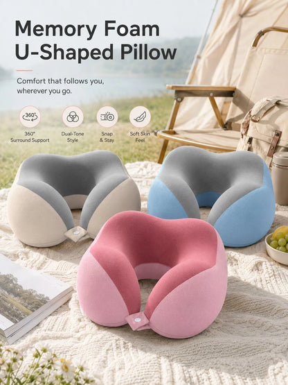 Unisex Ergonomic 360° Support Cloud-Feel Soft Memory Foam U-Shaped Travel Neck Pillow, Dual-Color Collapsible Snap-Button Camping Hiking Sleep Head Support Pillow, Minimalist Outdoor Adventure Style