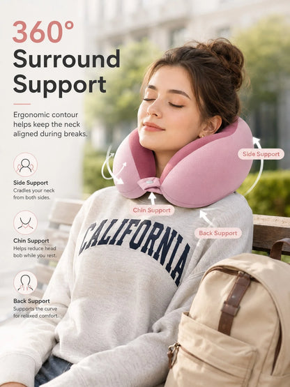 Unisex Ergonomic 360° Support Cloud-Feel Soft Memory Foam U-Shaped Travel Neck Pillow, Dual-Color Collapsible Snap-Button Camping Hiking Sleep Head Support Pillow, Minimalist Outdoor Adventure Style