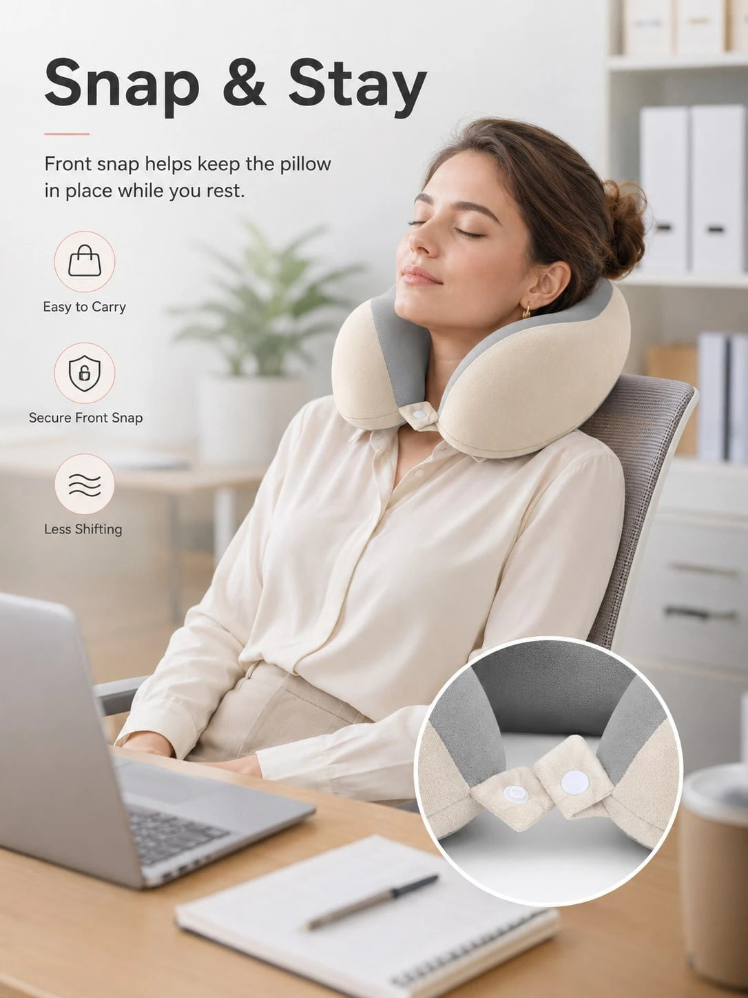 Unisex Ergonomic 360° Support Cloud-Feel Soft Memory Foam U-Shaped Travel Neck Pillow, Dual-Color Collapsible Snap-Button Camping Hiking Sleep Head Support Pillow, Minimalist Outdoor Adventure Style