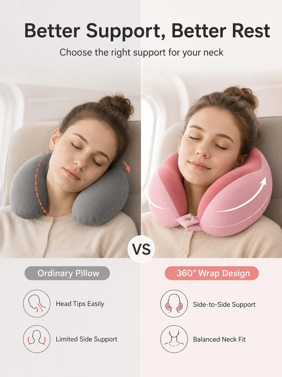 Unisex Ergonomic 360° Support Cloud-Feel Soft Memory Foam U-Shaped Travel Neck Pillow, Dual-Color Collapsible Snap-Button Camping Hiking Sleep Head Support Pillow, Minimalist Outdoor Adventure Style