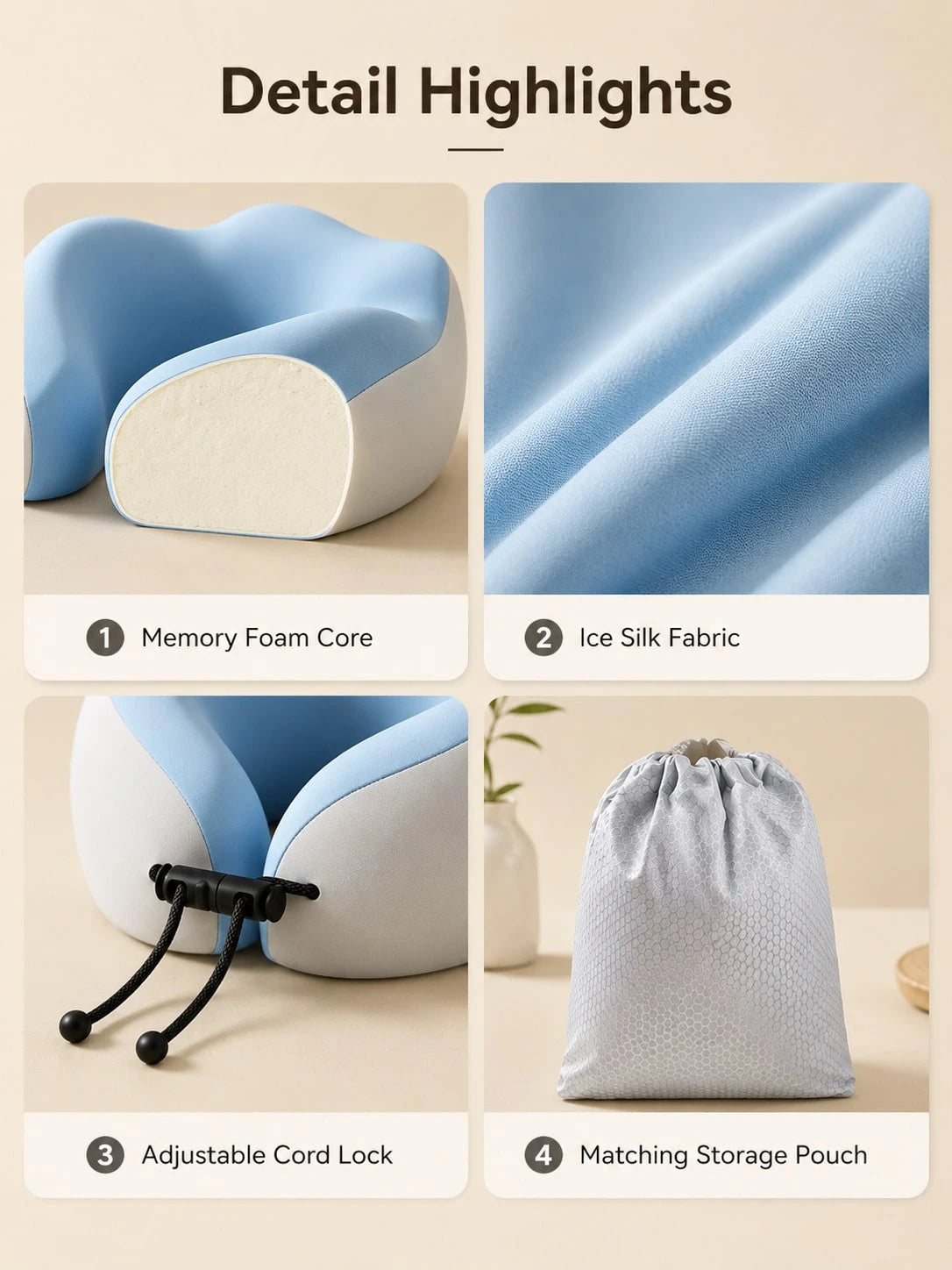 Unisex Ergonomic 360° Support Cloud-Feel Soft Memory Foam U-Shaped Travel Neck Pillow, Dual-Color Collapsible Snap-Button Camping Hiking Sleep Head Support Pillow, Minimalist Outdoor Adventure Style