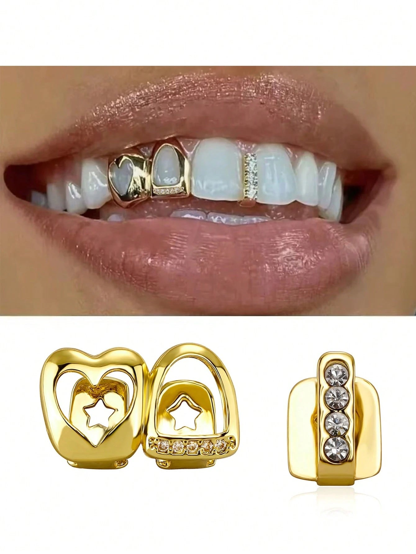 Unisex Gold Tooth Grillz Set, Hollow Heart Shaped With Cubic Zirconia, Suitable For Daily Wear And Valentine's Day Gift, Hip Hop Style