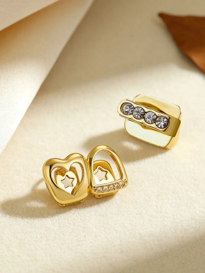 Unisex Gold Tooth Grillz Set, Hollow Heart Shaped With Cubic Zirconia, Suitable For Daily Wear And Valentine's Day Gift, Hip Hop Style