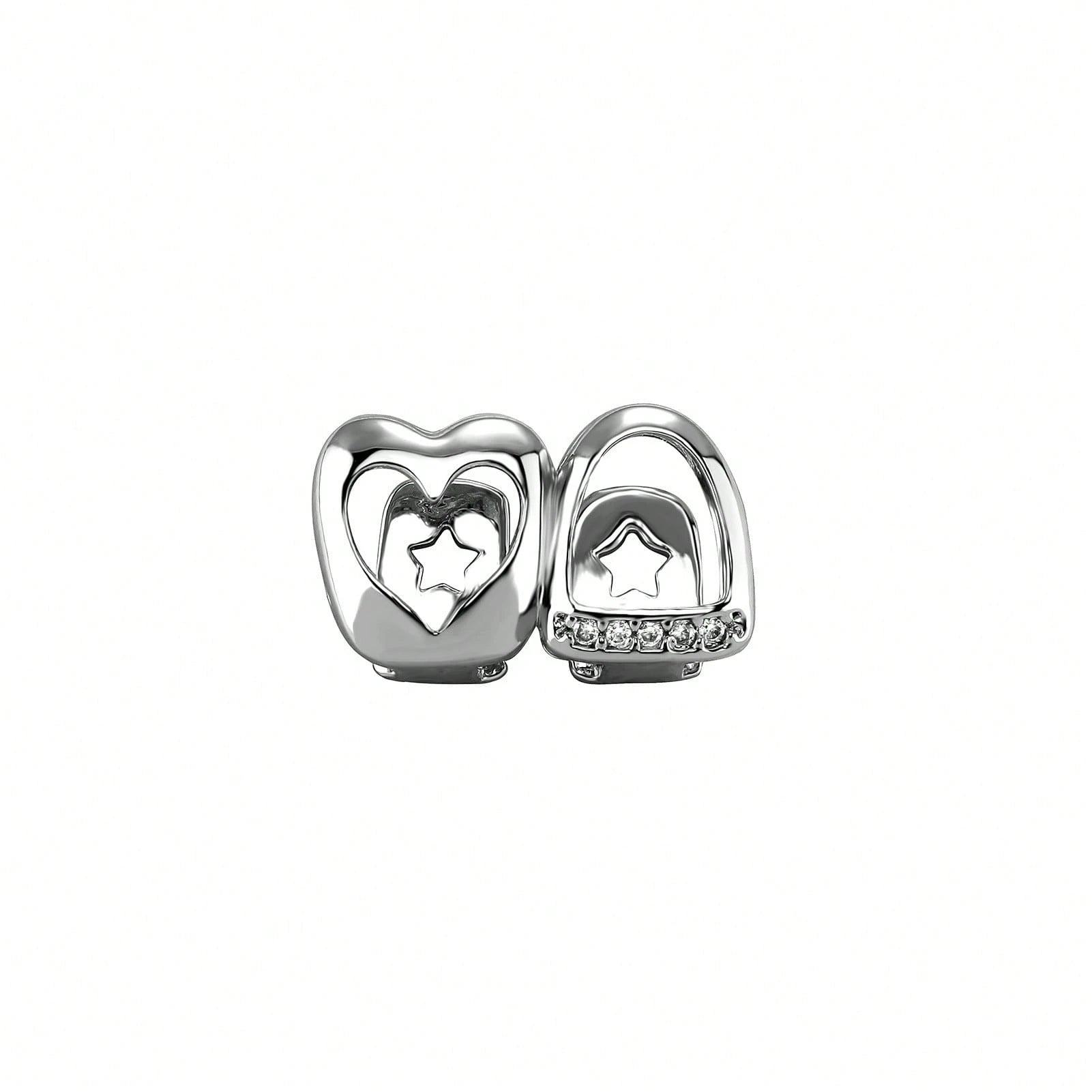 Unisex Gold Tooth Grillz Set, Hollow Heart Shaped With Cubic Zirconia, Suitable For Daily Wear And Valentine's Day Gift, Hip Hop Style