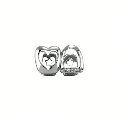 Unisex Gold Tooth Grillz Set, Hollow Heart Shaped With Cubic Zirconia, Suitable For Daily Wear And Valentine's Day Gift, Hip Hop Style