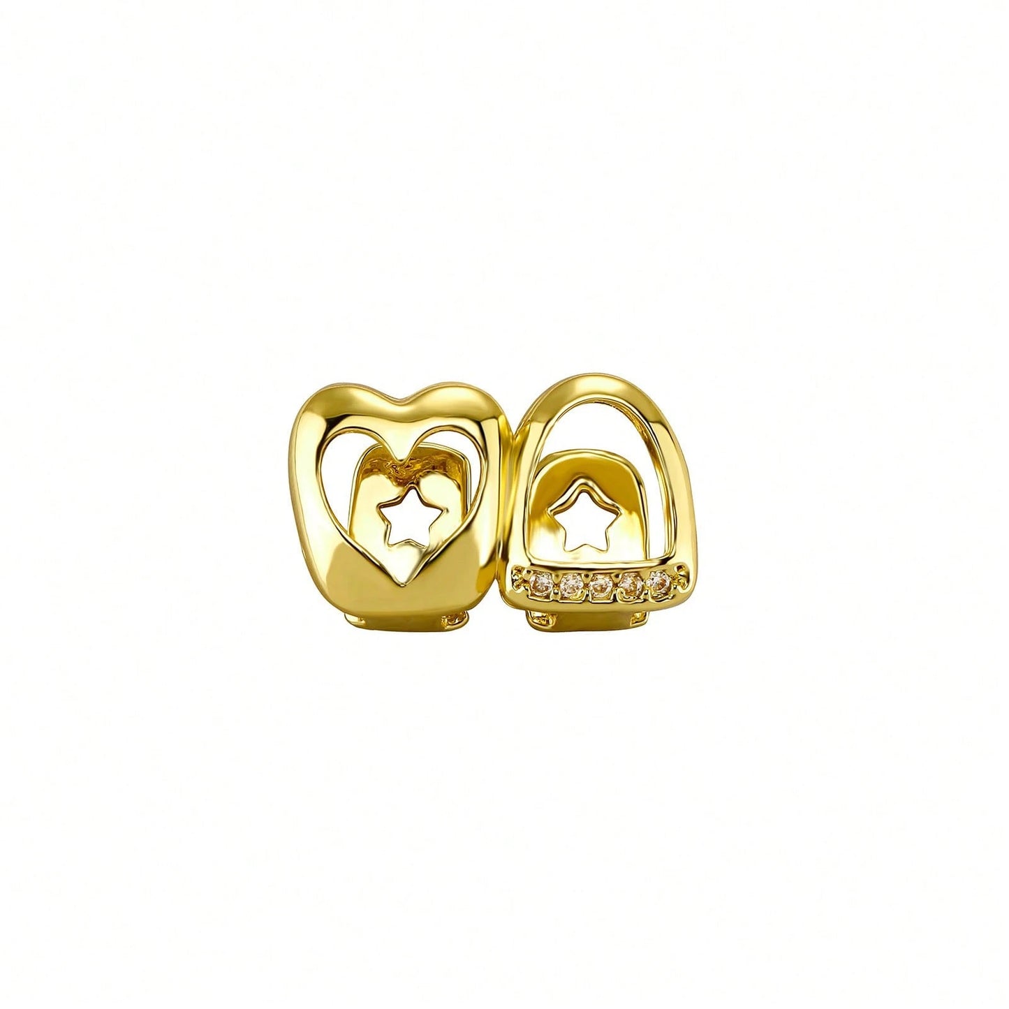 Unisex Gold Tooth Grillz Set, Hollow Heart Shaped With Cubic Zirconia, Suitable For Daily Wear And Valentine's Day Gift, Hip Hop Style
