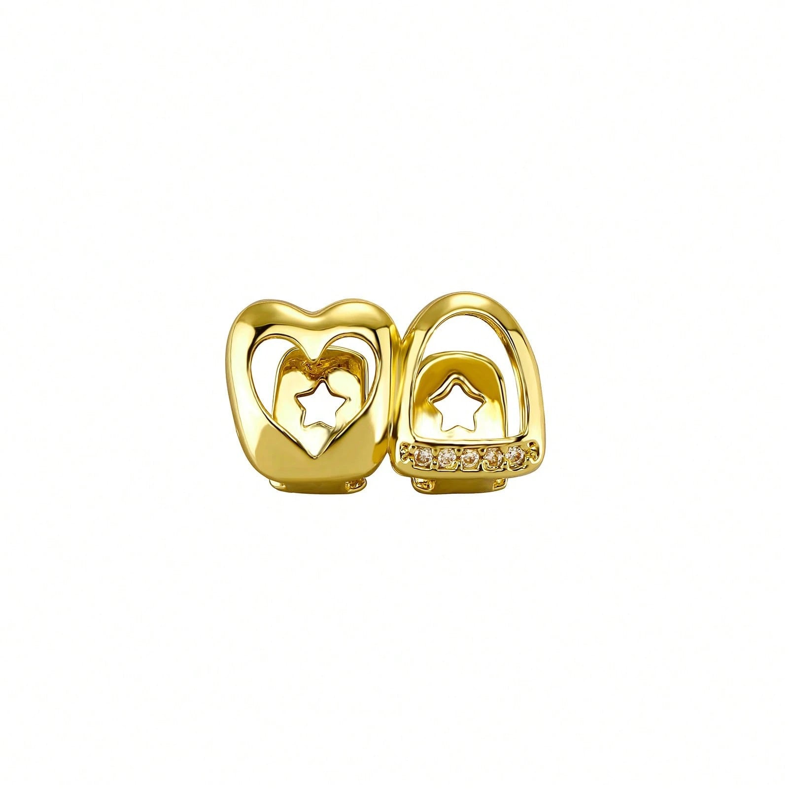 Unisex Gold Tooth Grillz Set, Hollow Heart Shaped With Cubic Zirconia, Suitable For Daily Wear And Valentine's Day Gift, Hip Hop Style