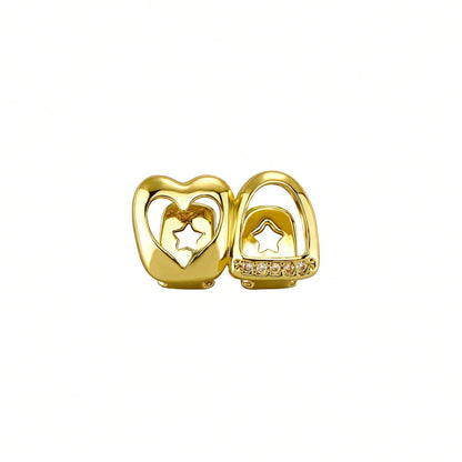 Unisex Gold Tooth Grillz Set, Hollow Heart Shaped With Cubic Zirconia, Suitable For Daily Wear And Valentine's Day Gift, Hip Hop Style