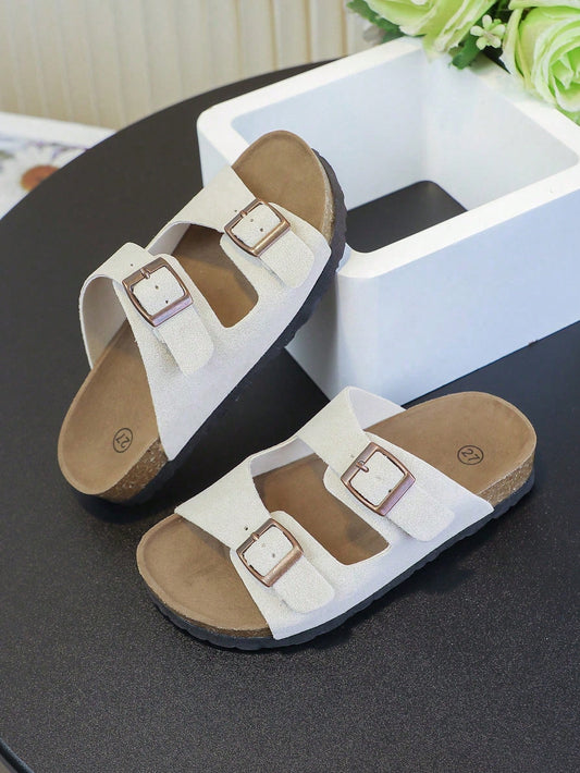 Unisex Kids Beige Double Strap Cork Sandals, Lightweight Non-Slip Rubber Sole Children's Slippers, Breathable Durable Summer Toddler To Big Kids Shoes