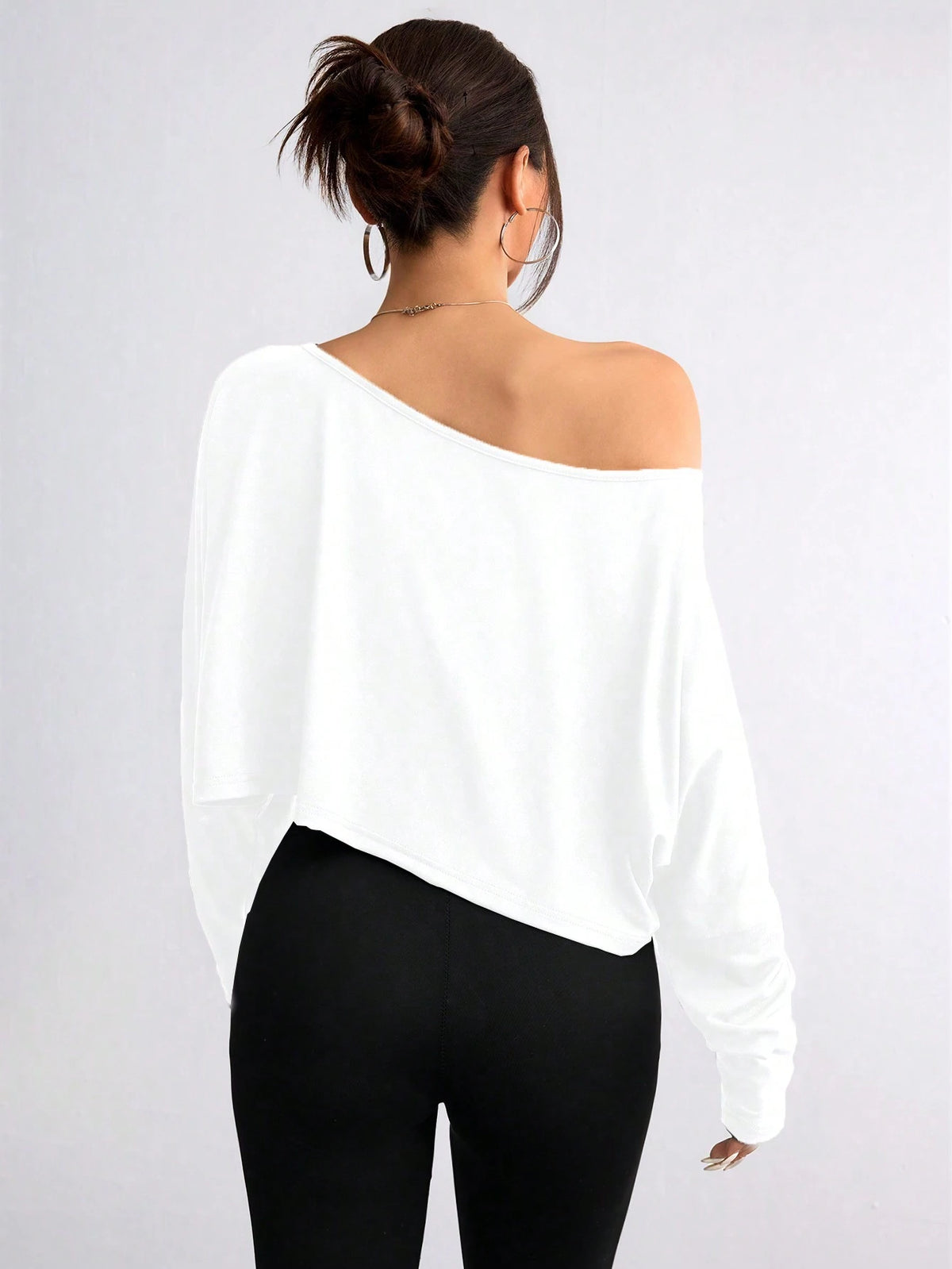 Unity Women Asymmetric Collar Long Sleeve Cropped Casual T-Shirt, Solid Color, Autumn Fall Cloth For Women