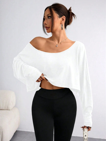 Unity Women Asymmetric Collar Long Sleeve Cropped Casual T-Shirt, Solid Color, Autumn Fall Cloth For Women