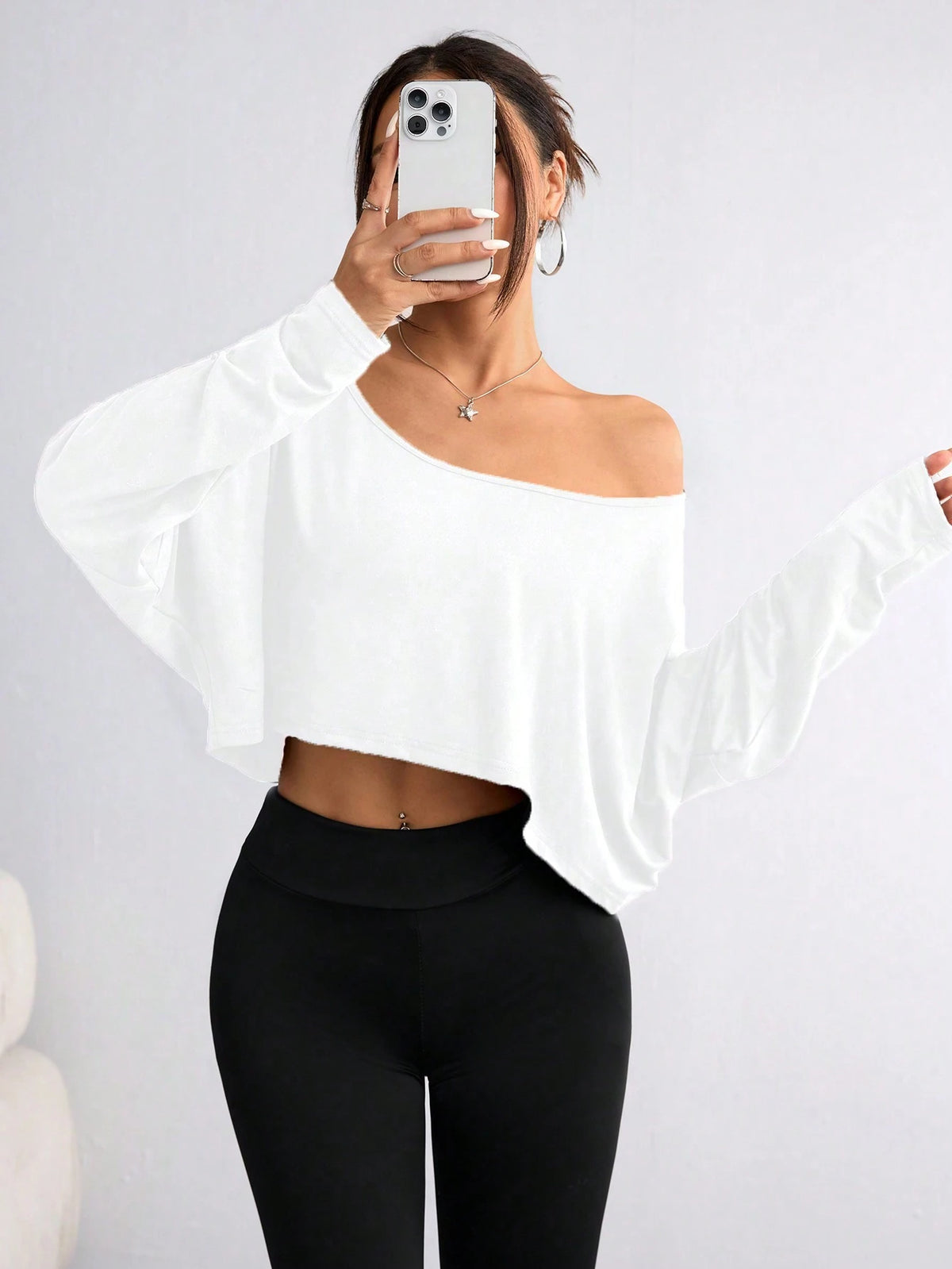 Unity Women Asymmetric Collar Long Sleeve Cropped Casual T-Shirt, Solid Color, Autumn Fall Cloth For Women