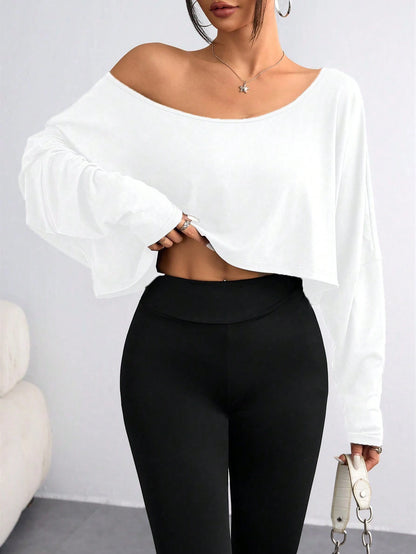 Unity Women Asymmetric Collar Long Sleeve Cropped Casual T-Shirt, Solid Color, Autumn Fall Cloth For Women