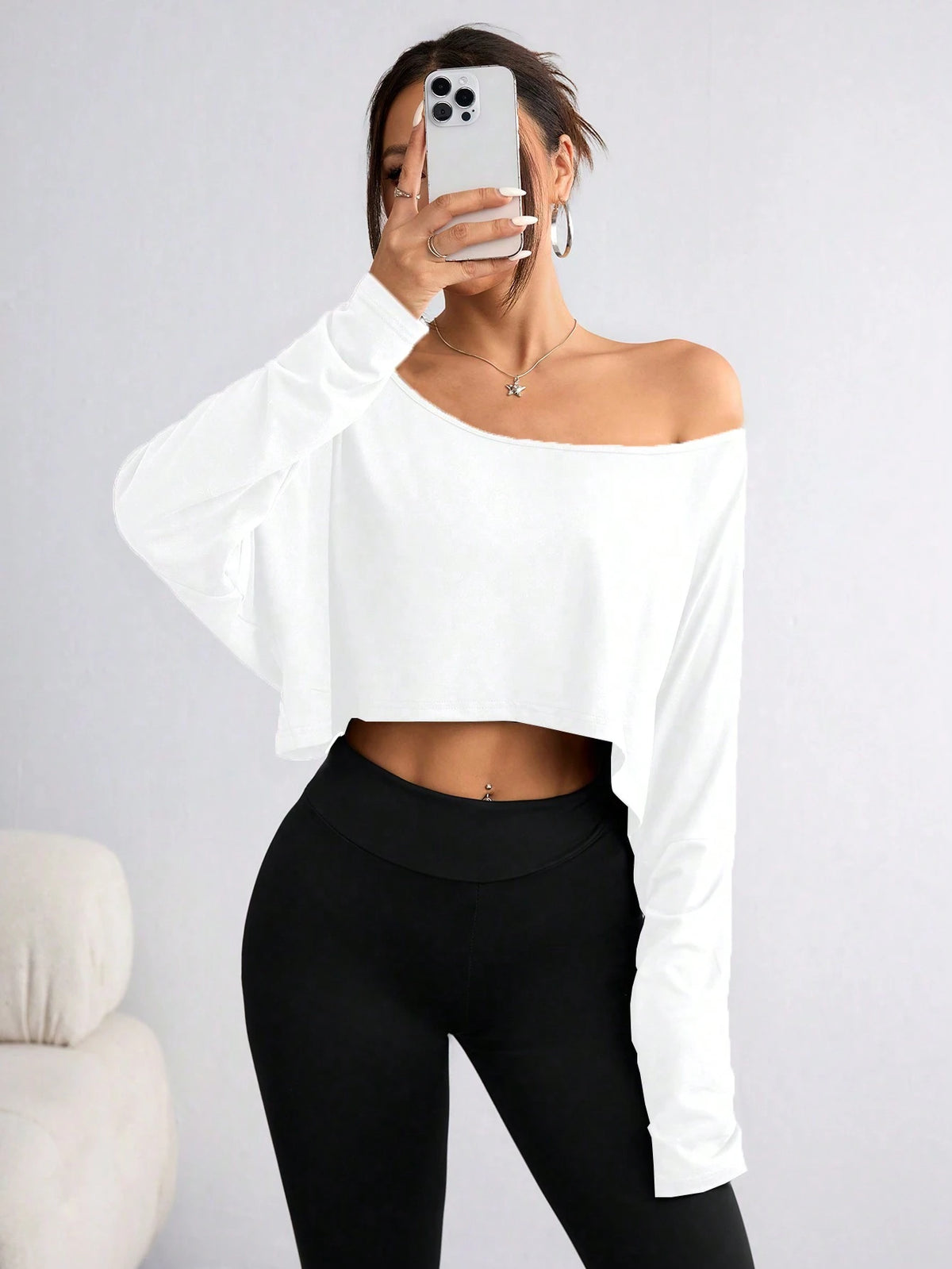 Unity Women Asymmetric Collar Long Sleeve Cropped Casual T-Shirt, Solid Color, Autumn Fall Cloth For Women