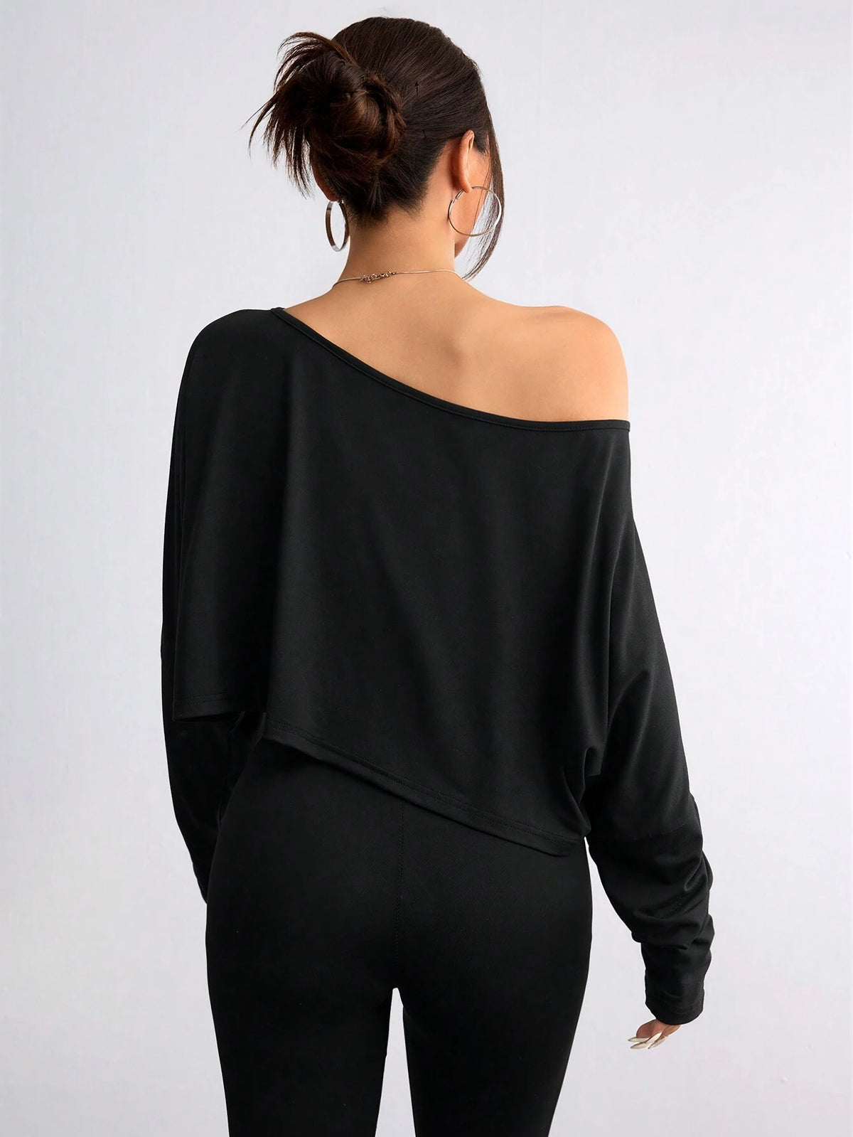Unity Women Asymmetric Collar Long Sleeve Cropped Casual T-Shirt, Solid Color, Autumn Fall Cloth For Women