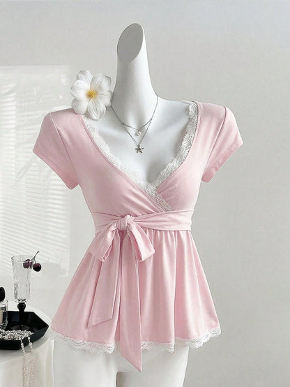 Unity Y2K Lace Trim Vacation Sweet Slim Fit T-Shirt