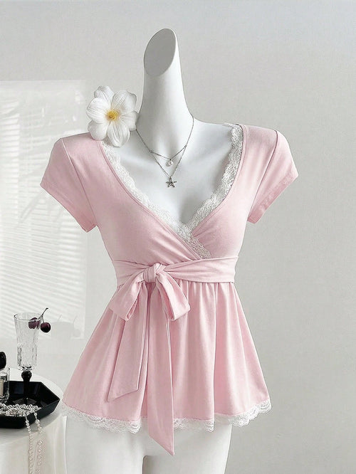 Unity Y2K Lace Trim Vacation Sweet Slim Fit T-Shirt
