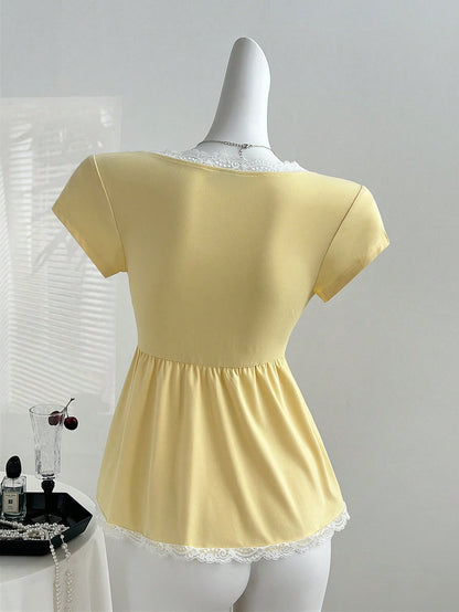 Unity Y2K Lace Trim Vacation Sweet Slim Fit T-Shirt