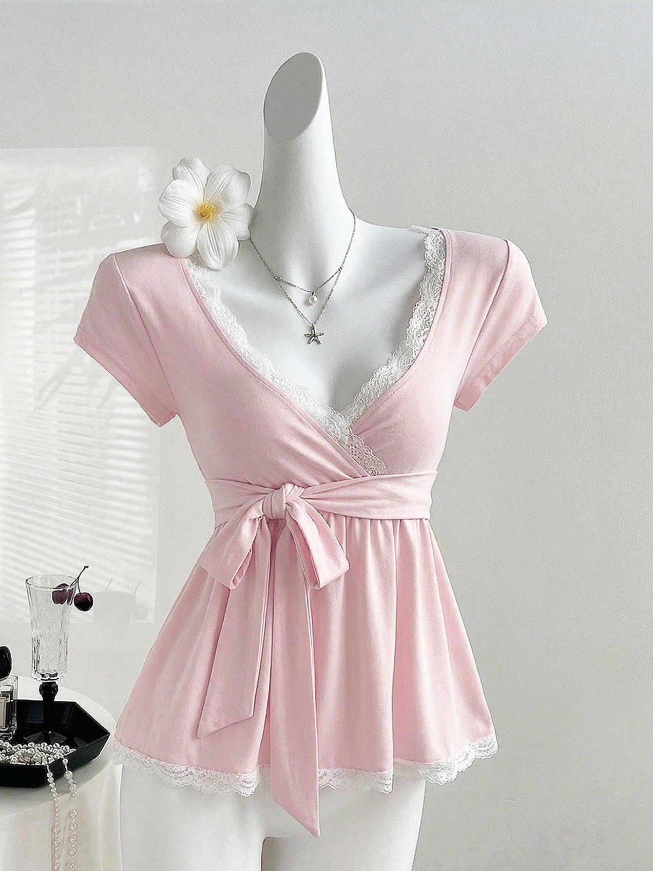 Unity Y2K Lace Trim Vacation Sweet Slim Fit T-Shirt