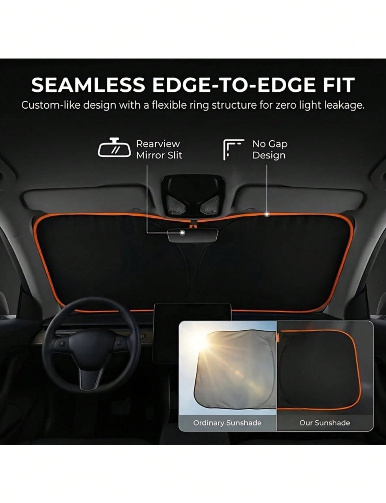 Universal Car Front Windshield Sun Shade, No Drilling Easy Foldable Sun Visor Cover Tent, Full Edge Seamless Fit, High Density Light Blocking Fabric With Reflective Coating, Block Sunlight Protect Car