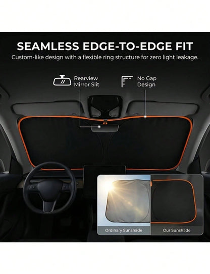 Universal Car Front Windshield Sun Shade, No Drilling Easy Foldable Sun Visor Cover Tent, Full Edge Seamless Fit, High Density Light Blocking Fabric With Reflective Coating, Block Sunlight Protect Car