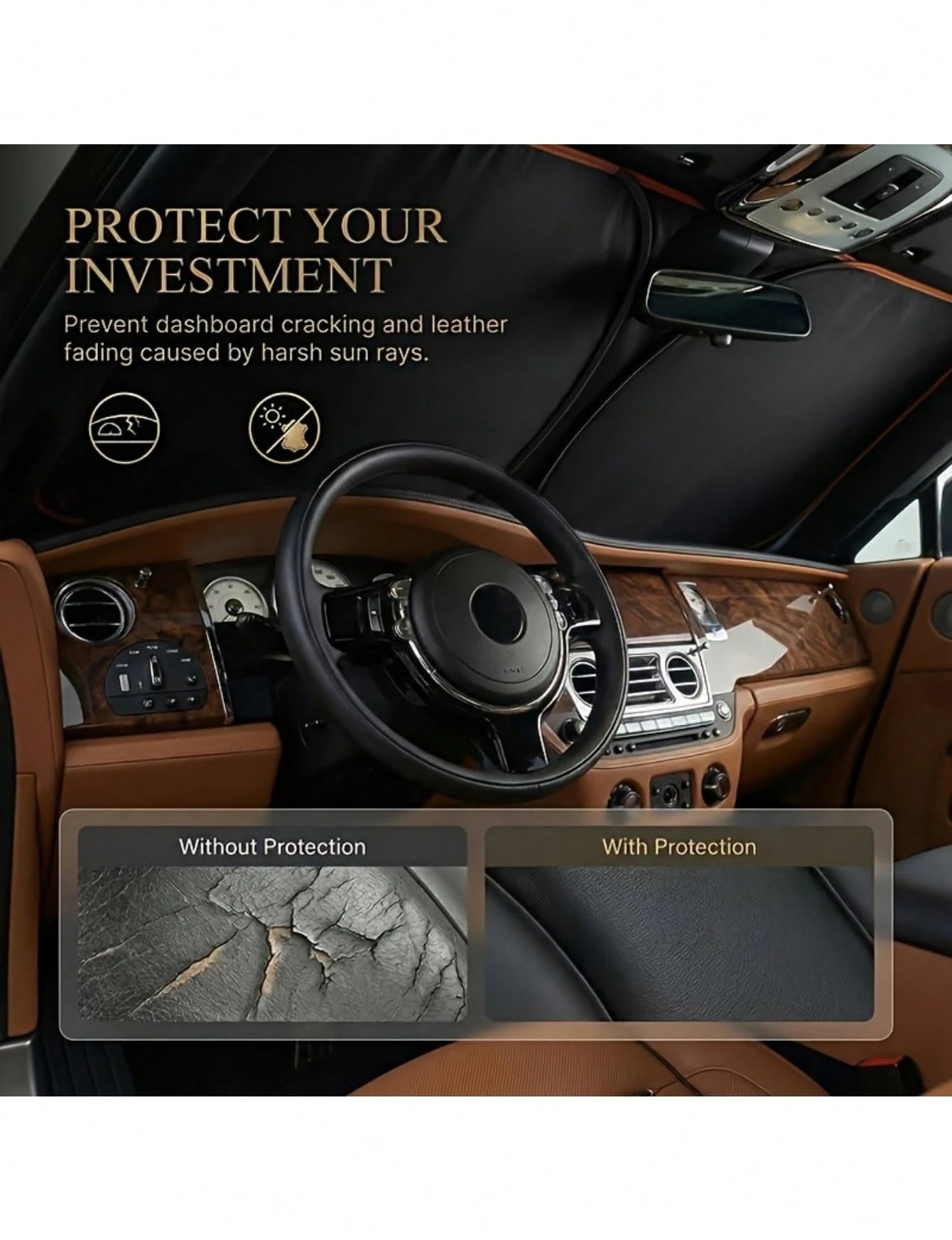 Universal Car Front Windshield Sun Shade, No Drilling Easy Foldable Sun Visor Cover Tent, Full Edge Seamless Fit, High Density Light Blocking Fabric With Reflective Coating, Block Sunlight Protect Car