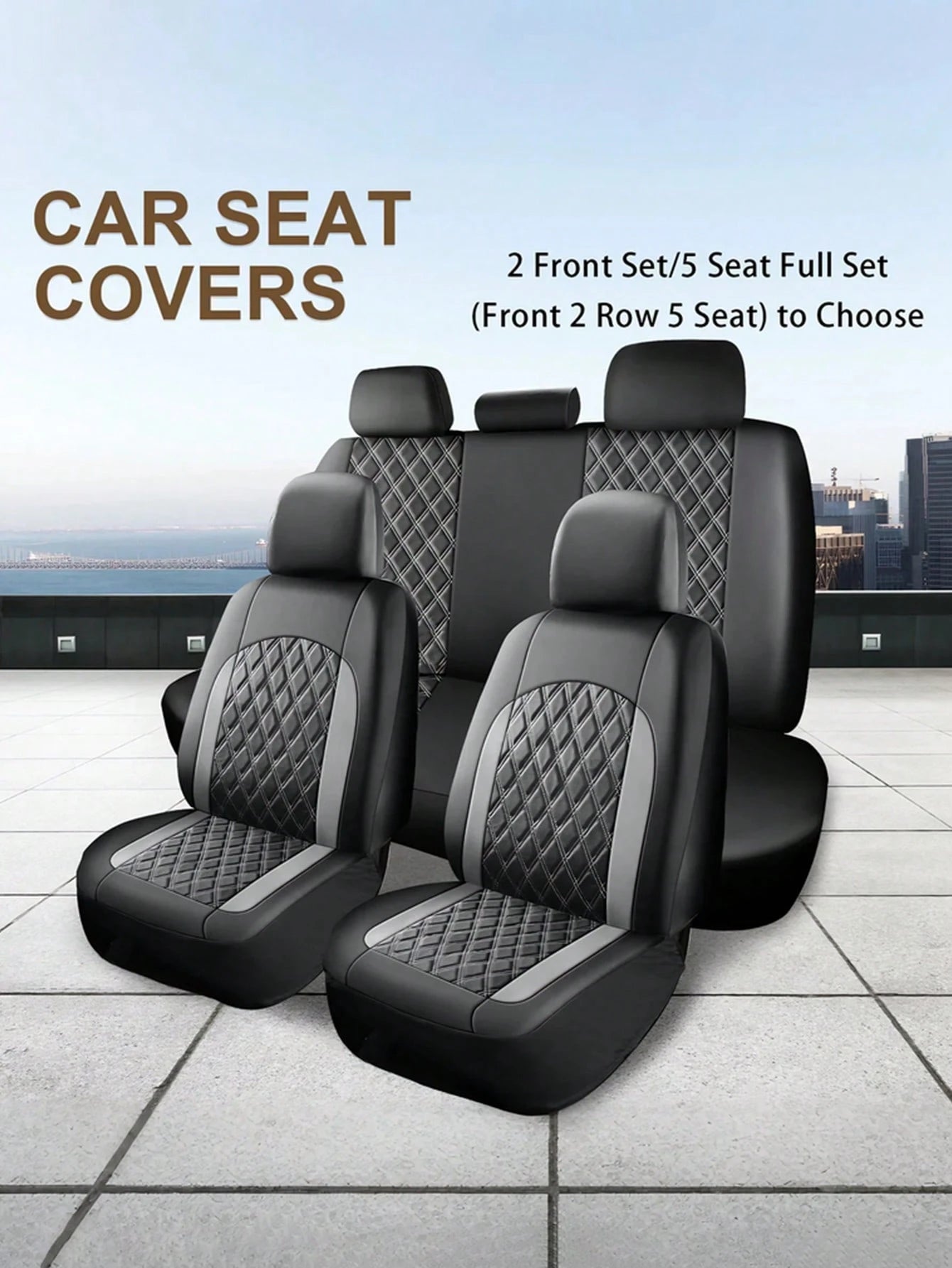 Universal Car Seat Covers Set- 2 Front Seats Or 5 Full Set, PU Leather Diamond Quilted, Non-Slip Backing, Easy Installation, Suitable For Sedan, SUV And Pickup Truck, Seat Covers, Interior Protection