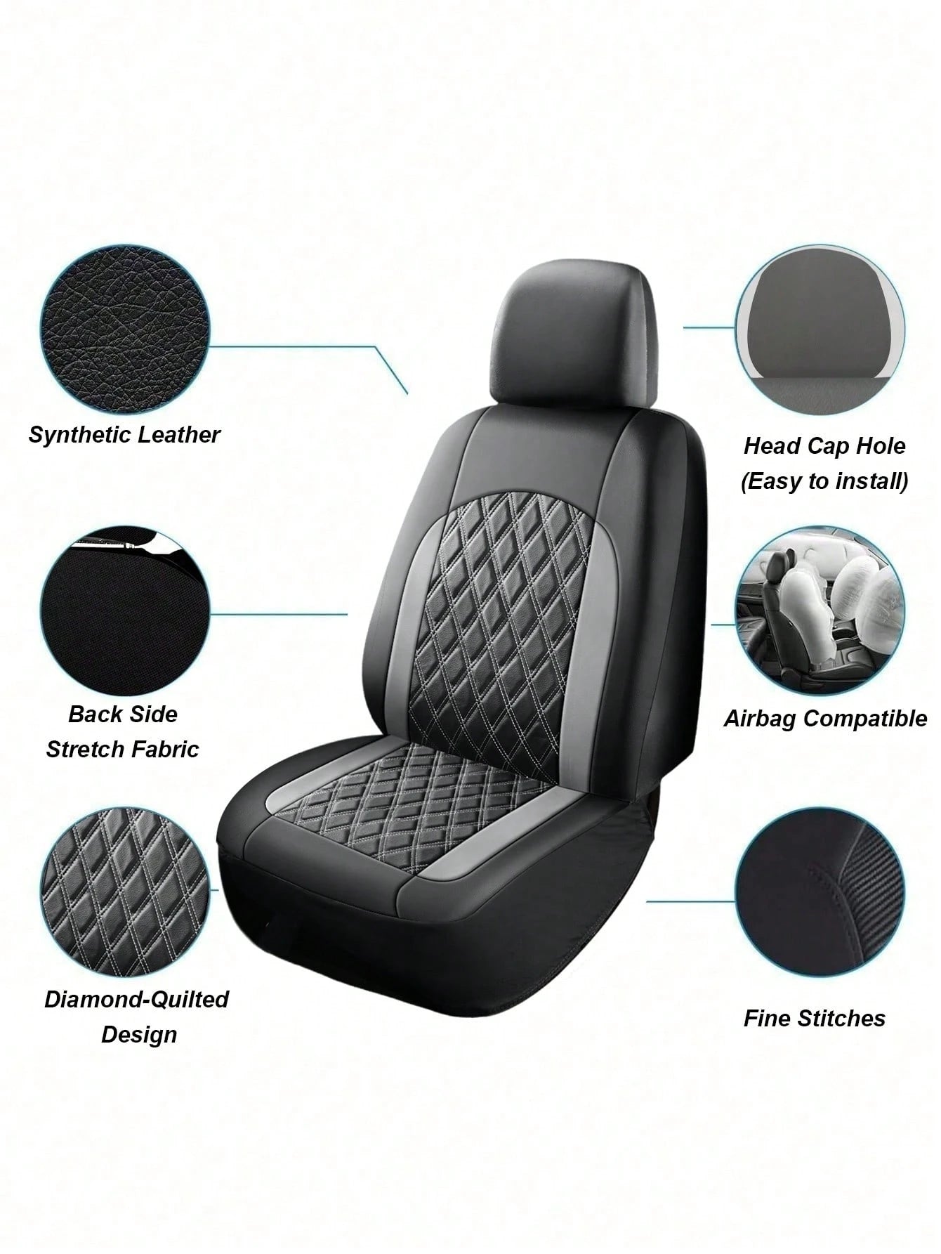 Universal Car Seat Covers Set- 2 Front Seats Or 5 Full Set, PU Leather Diamond Quilted, Non-Slip Backing, Easy Installation, Suitable For Sedan, SUV And Pickup Truck, Seat Covers, Interior Protection