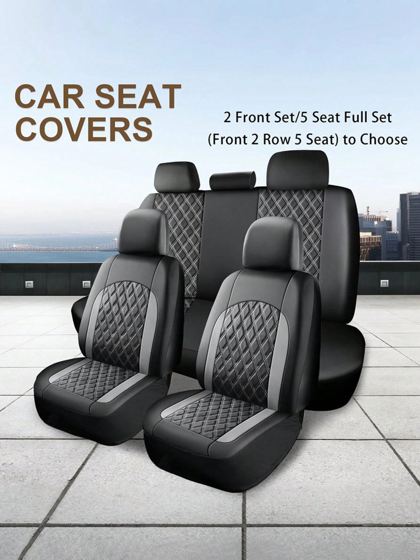 Universal Car Seat Covers Set- 2 Front Seats Or 5 Full Set, PU Leather Diamond Quilted, Non-Slip Backing, Easy Installation, Suitable For Sedan, SUV And Pickup Truck, Seat Covers, Interior Protection