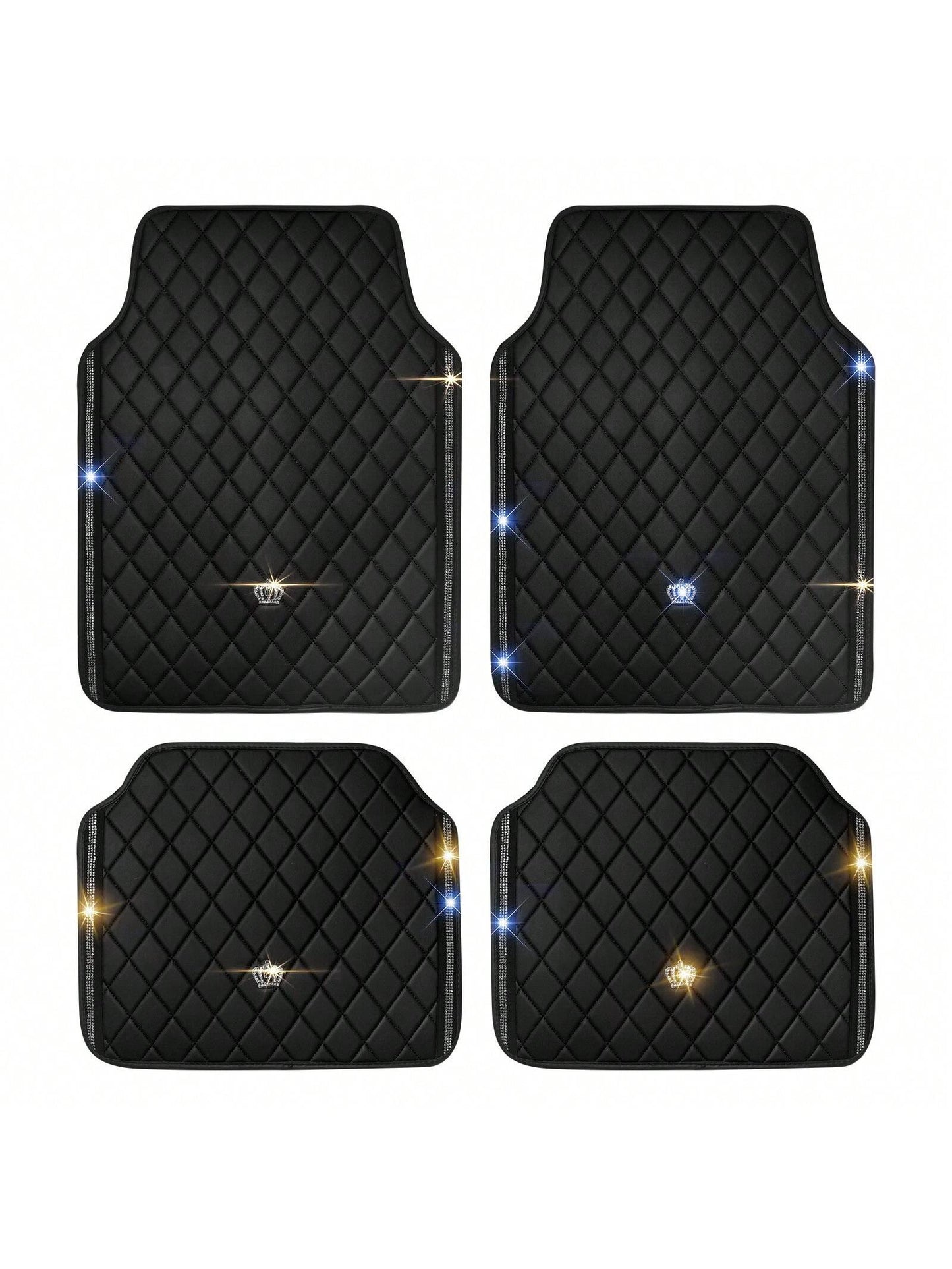 Universal Fit PVC Leather Car Foot Pad- Glittering Embroidery Inlaid Red Black Crown Design, Artificial Rhinestone Accents, Easy To Clean, Unisex, And Durable