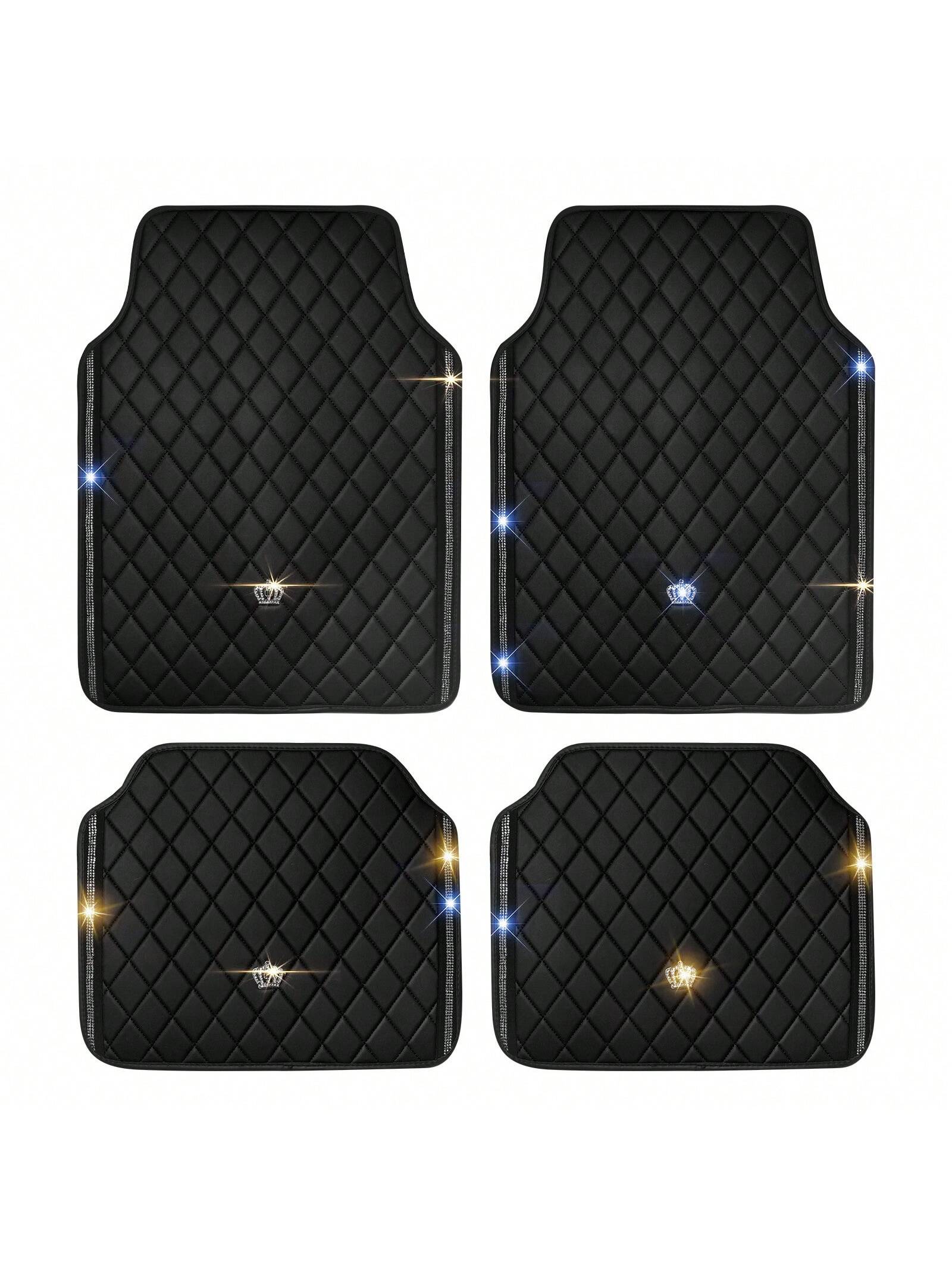 Universal Fit PVC Leather Car Foot Pad- Glittering Embroidery Inlaid Red Black Crown Design, Artificial Rhinestone Accents, Easy To Clean, Unisex, And Durable