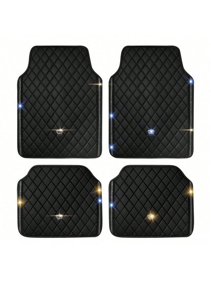 Universal Fit PVC Leather Car Foot Pad- Glittering Embroidery Inlaid Red Black Crown Design, Artificial Rhinestone Accents, Easy To Clean, Unisex, And Durable