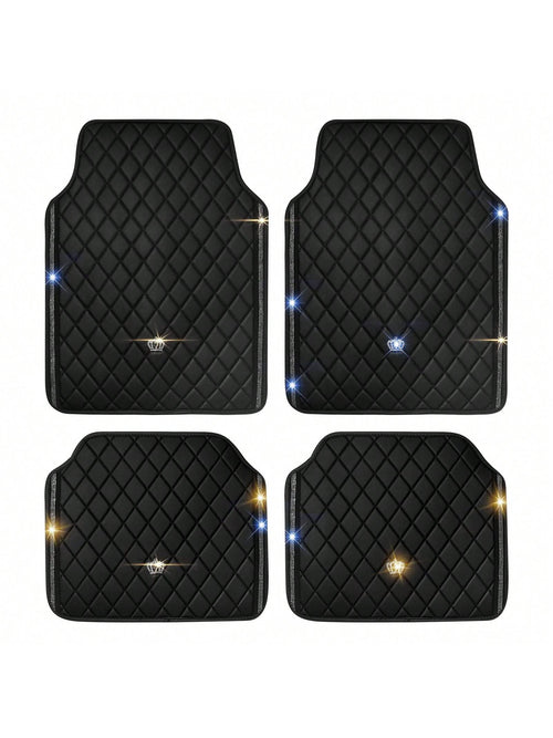 Universal Fit PVC Leather Car Foot Pad- Glittering Embroidery Inlaid Red Black Crown Design, Artificial Rhinestone Accents, Easy To Clean, Unisex, And Durable