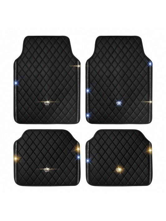 Universal Fit PVC Leather Car Foot Pad- Glittering Embroidery Inlaid Red Black Crown Design, Artificial Rhinestone Accents, Easy To Clean, Unisex, And Durable