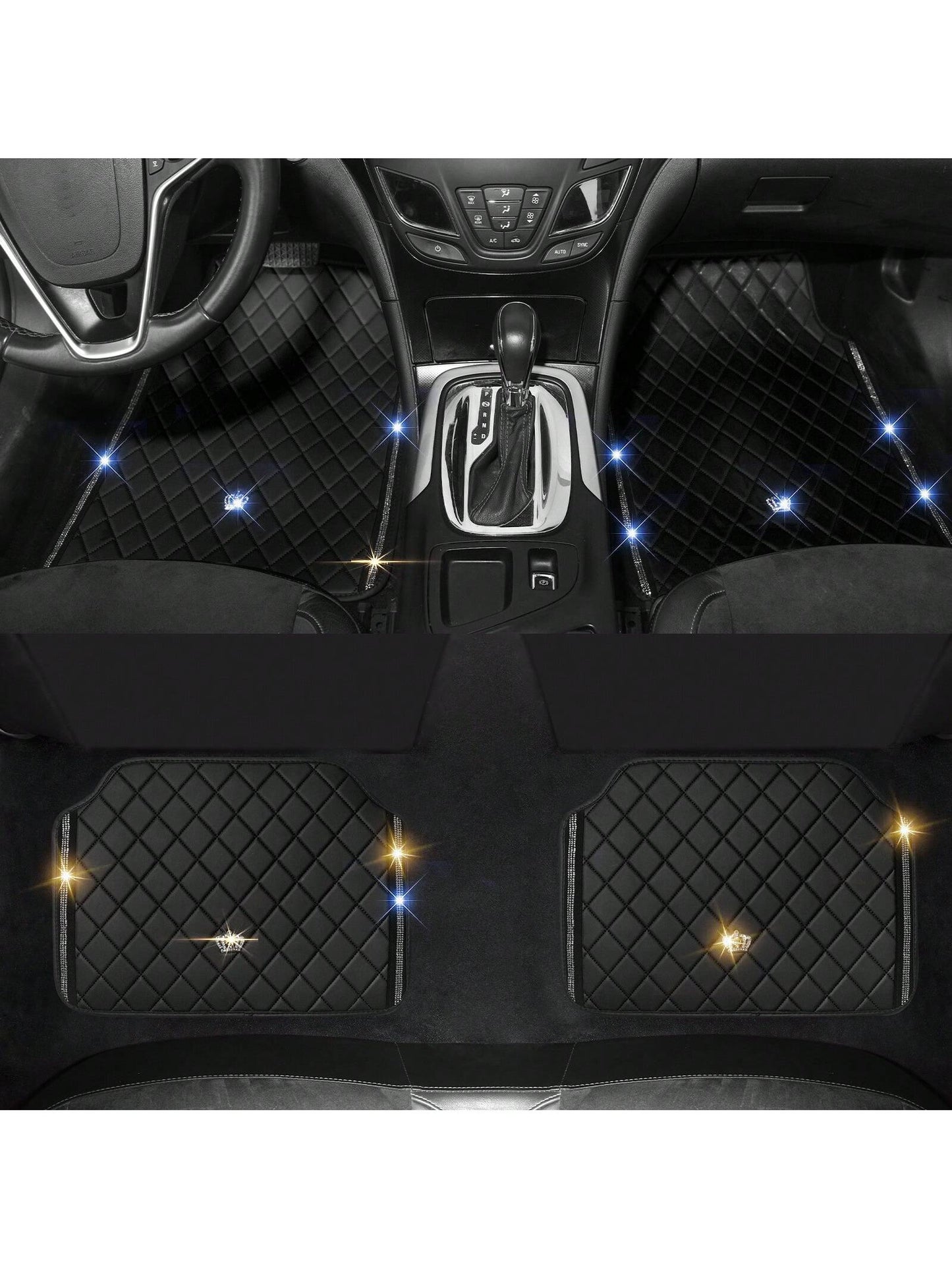 Universal Fit PVC Leather Car Foot Pad- Glittering Embroidery Inlaid Red Black Crown Design, Artificial Rhinestone Accents, Easy To Clean, Unisex, And Durable