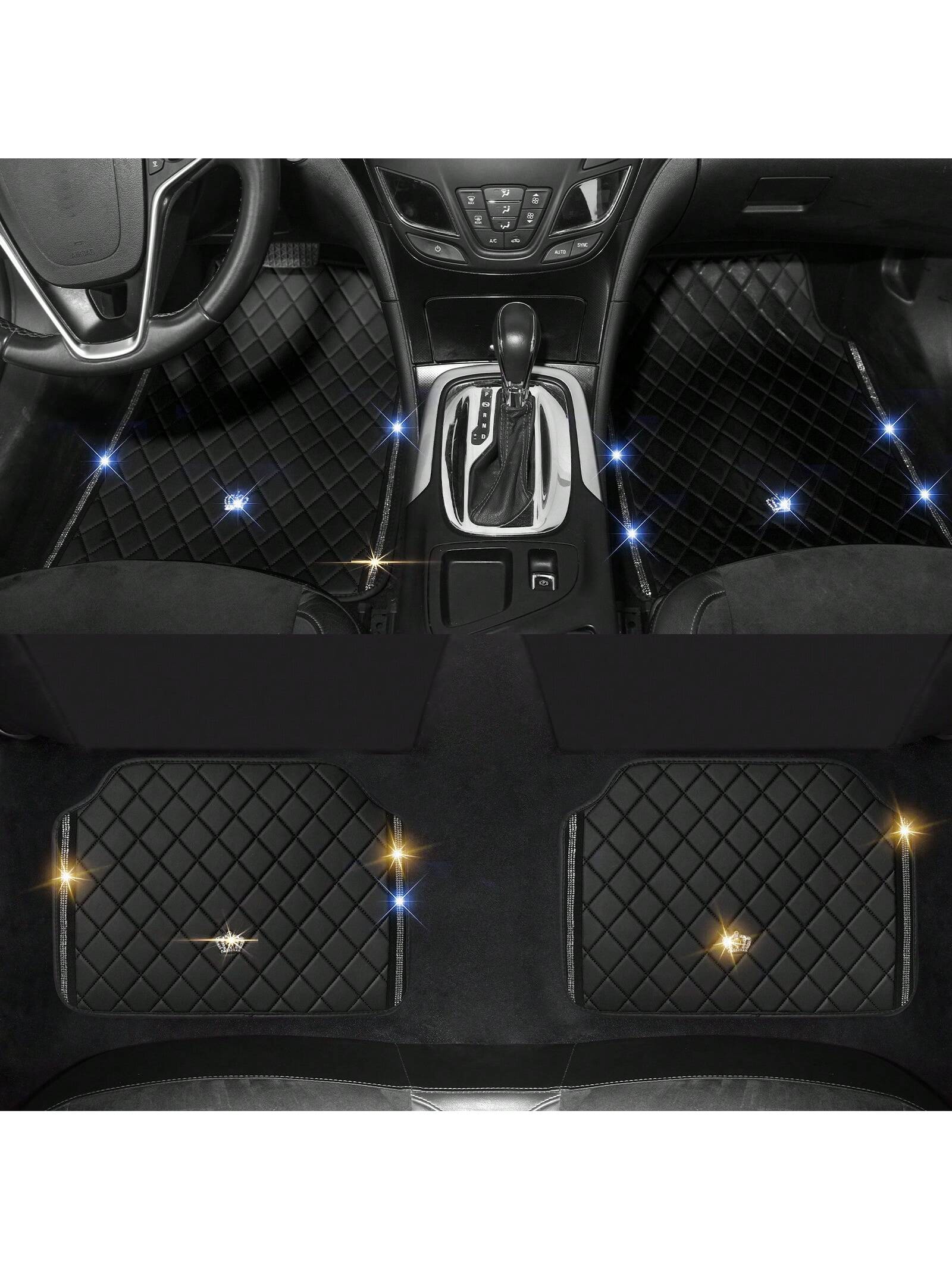 Universal Fit PVC Leather Car Foot Pad- Glittering Embroidery Inlaid Red Black Crown Design, Artificial Rhinestone Accents, Easy To Clean, Unisex, And Durable