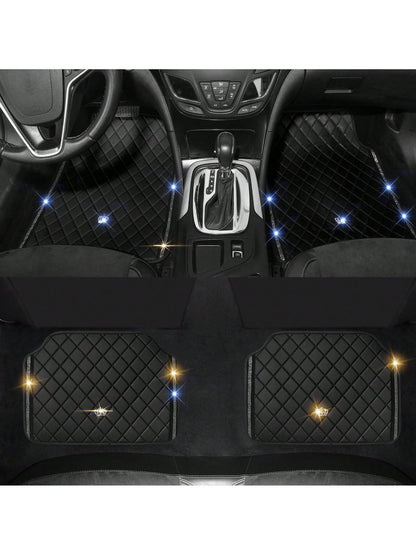 Universal Fit PVC Leather Car Foot Pad- Glittering Embroidery Inlaid Red Black Crown Design, Artificial Rhinestone Accents, Easy To Clean, Unisex, And Durable