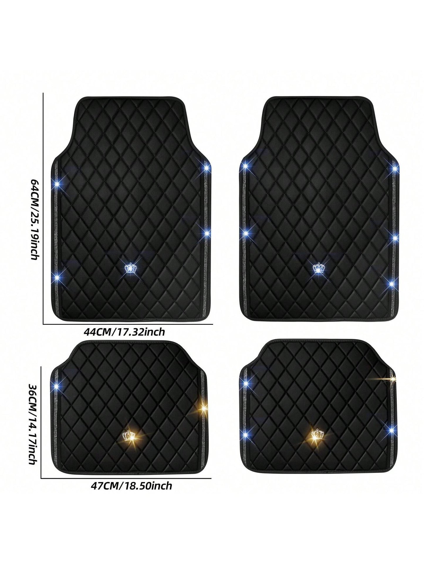 Universal Fit PVC Leather Car Foot Pad- Glittering Embroidery Inlaid Red Black Crown Design, Artificial Rhinestone Accents, Easy To Clean, Unisex, And Durable