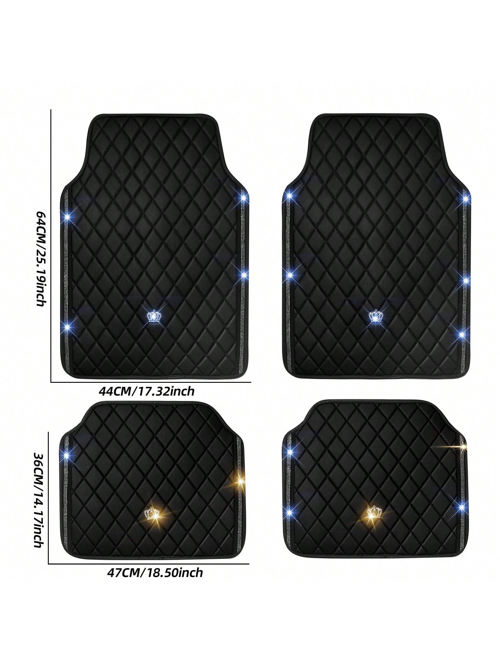Universal Fit PVC Leather Car Foot Pad- Glittering Embroidery Inlaid Red Black Crown Design, Artificial Rhinestone Accents, Easy To Clean, Unisex, And Durable