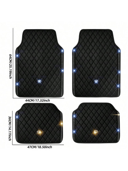 Universal Fit PVC Leather Car Foot Pad- Glittering Embroidery Inlaid Red Black Crown Design, Artificial Rhinestone Accents, Easy To Clean, Unisex, And Durable