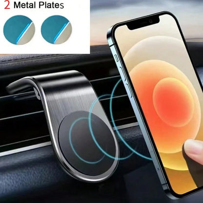 Universal L-Shaped Magnetic Car Phone Holder, Multi-Angle Adjustable, Air Vent Clip-On Installation, Compact Design; Equipped With Dedicated Air Vent Base, Hands-Free Driving Convenience; Aluminum All
