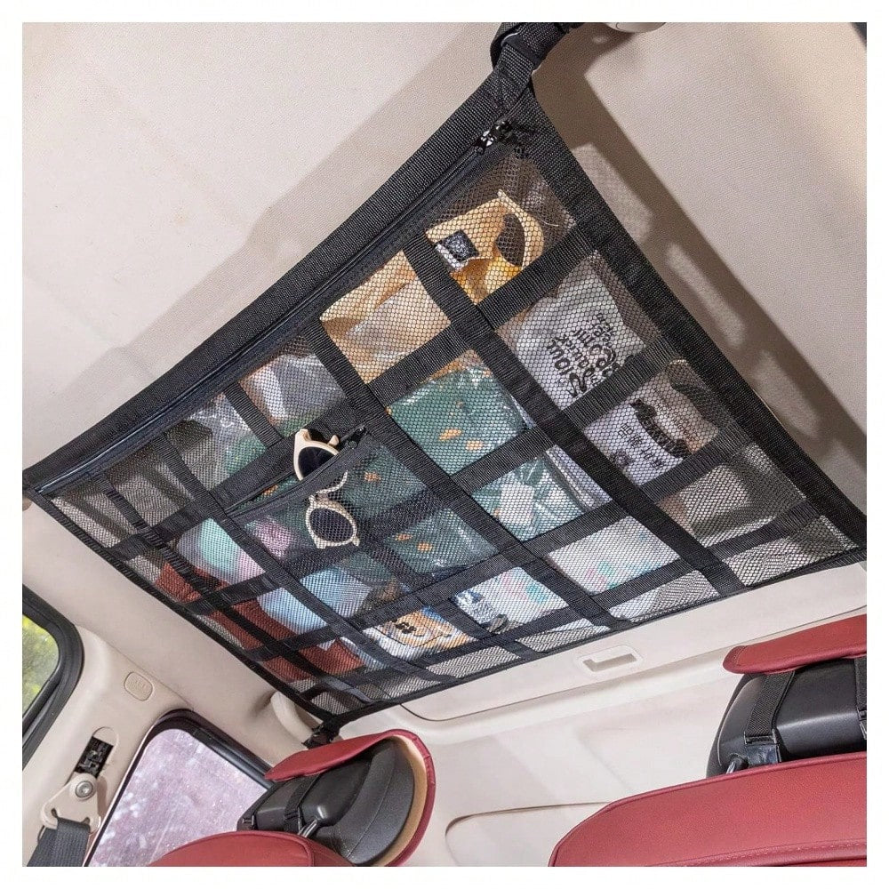 Upgraded Car Ceiling Cargo Net Pocket – Heavy-Duty Double-Layer Mesh Roof Storage Organizer For SUV, Truck, Van – Travel & Camping Interior Accessories,31.5"X21.6"