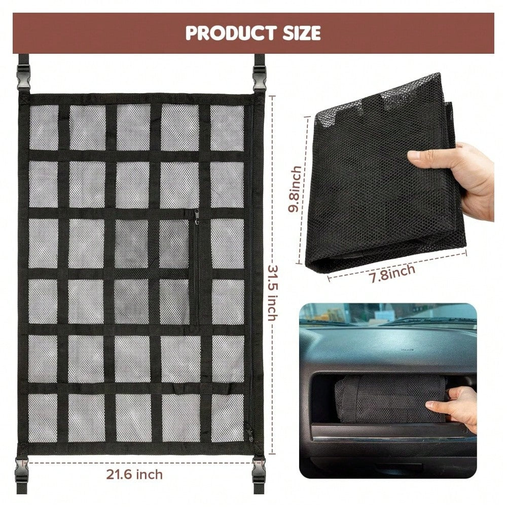 Upgraded Car Ceiling Cargo Net Pocket – Heavy-Duty Double-Layer Mesh Roof Storage Organizer For SUV, Truck, Van – Travel & Camping Interior Accessories,31.5"X21.6"