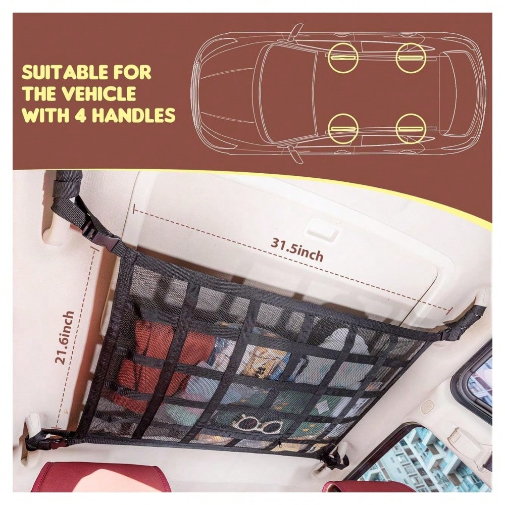 Upgraded Car Ceiling Cargo Net Pocket – Heavy-Duty Double-Layer Mesh Roof Storage Organizer For SUV, Truck, Van – Travel & Camping Interior Accessories,31.5"X21.6"
