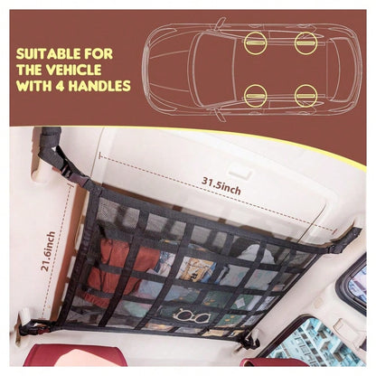 Upgraded Car Ceiling Cargo Net Pocket – Heavy-Duty Double-Layer Mesh Roof Storage Organizer For SUV, Truck, Van – Travel & Camping Interior Accessories,31.5"X21.6"