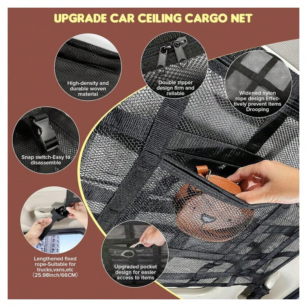 Upgraded Car Ceiling Cargo Net Pocket – Heavy-Duty Double-Layer Mesh Roof Storage Organizer For SUV, Truck, Van – Travel & Camping Interior Accessories,31.5"X21.6"