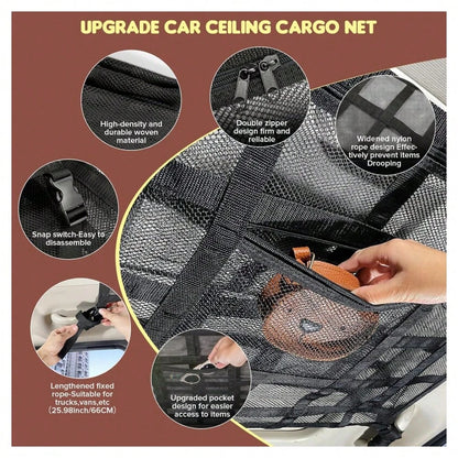 Upgraded Car Ceiling Cargo Net Pocket – Heavy-Duty Double-Layer Mesh Roof Storage Organizer For SUV, Truck, Van – Travel & Camping Interior Accessories,31.5"X21.6"