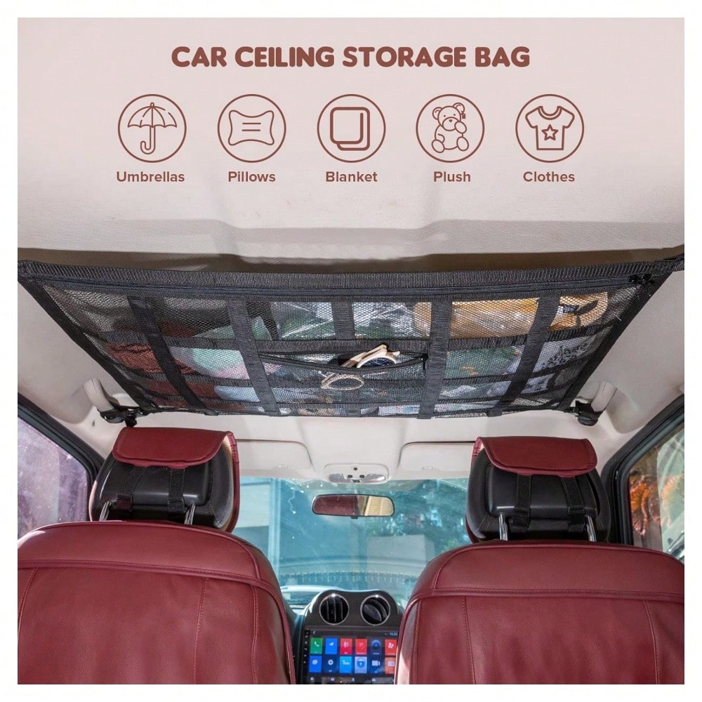 Upgraded Car Ceiling Cargo Net Pocket – Heavy-Duty Double-Layer Mesh Roof Storage Organizer For SUV, Truck, Van – Travel & Camping Interior Accessories,31.5"X21.6"