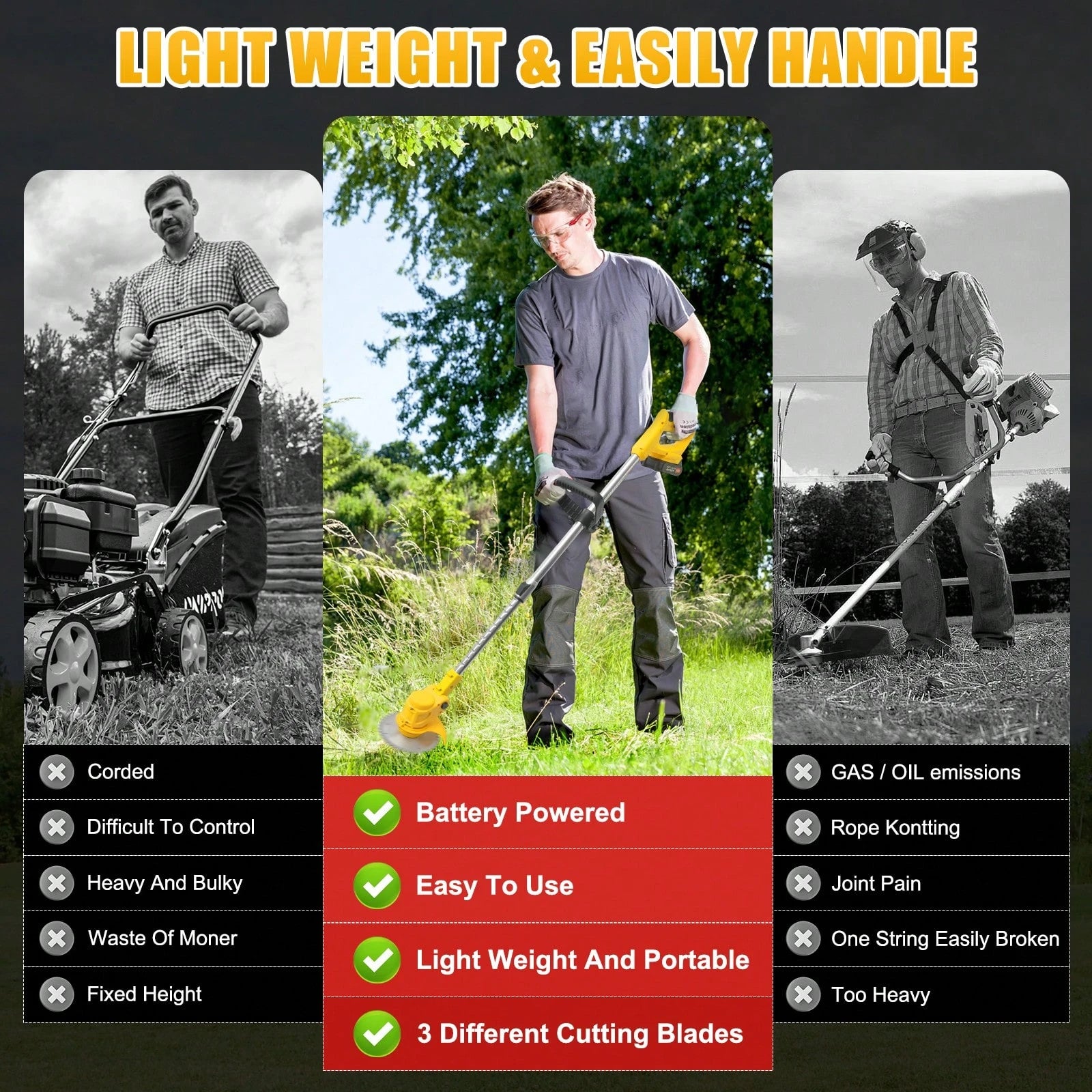 Upgraded Cordless Electric Lawn Mower- 24V 2X2.0Ah Battery-Powered, 3-In-1 Grass Trimmer/Edger/Mini Mower/Brush Cutter With 3 Types Of Blade Assemblies, Ideal For Lawns & Gardens