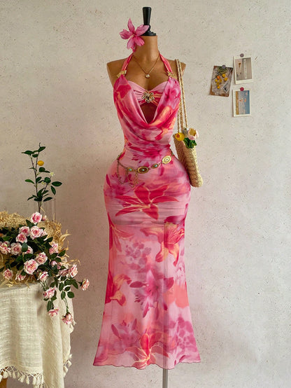 Ure Wave Women Halter Tie-Up Patchwork Cup Metallic Floral Plunging Dress,Boho Pink Floral Summer Vacation,Hibiscus Beach Cruise Party Outfit No Chest Padding
